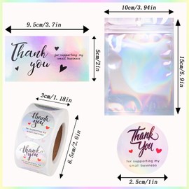 620Pcs Thank You Business Cards Stickers Set Gold Foil Include 100 Thank You Business Card 500 Thank You for Supporting My Small Business Stickers 20 Resealable Packaging Bags Owners (B-Holographic)