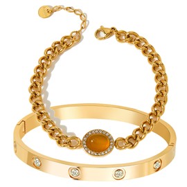 A D. ALLEN & DANMI. 18 K Gold Plated Love Bangle Bracelet Natural Stone Agate Bracelet Stainless Steel Bangle Set for Love, Medium, Agate