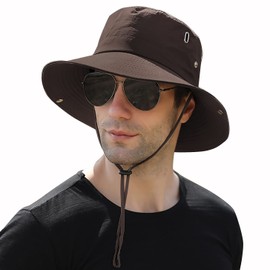 Muryobao Men Sun Hat Summer Wide Brim UPF 50+ Breathable Boonie Hats Waterproof Foldable Safari Cap, Coffee, One Size