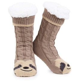 CityComfort Non-Slip Socks for Women and Teenagers in Size 37-41 - Cuddly Socks for Women - Sherpa Lined with Non-Slip Dots, Brown sloth.