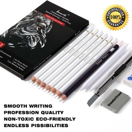Brusarth White Charcoal Pencils Set - 12 Piece Sketch Highlight White Pencils Set for Drawing, Sketching, Shading, Blending, Artist Pencils for Artists, Professionals or Beginners