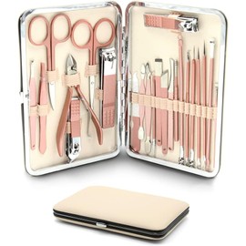 Raganet, Set De Manicure y Pedicure, Cortaúñas, Para Pies y Manos, Acero Inoxidable 23 Piezas Incluidas (Rosa)