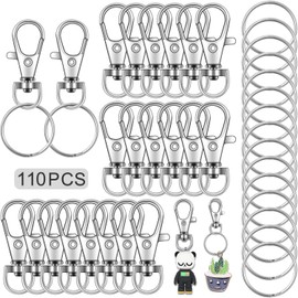 110 Ganchos para Llavero con Llaveros, Argollas para Llaveros con Mosquetón Giratorios Broches Anillos de Metal con Llavero para Fabricación de Joyas, Manualidades (55 Ganchos + 55 Llaveros) (plata)