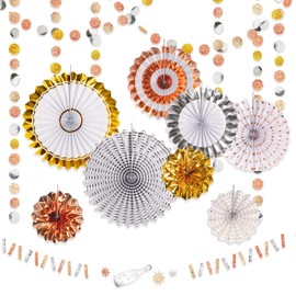 Cheerland 8 Pcs Champagne Gold Rose Gold Silver Folding Hanging Paper Fan Kit with Circle Garlands and Glitter Garland Ceiling Wall Decoration Graduation Party Birthday Wedding New Year Party Supplies