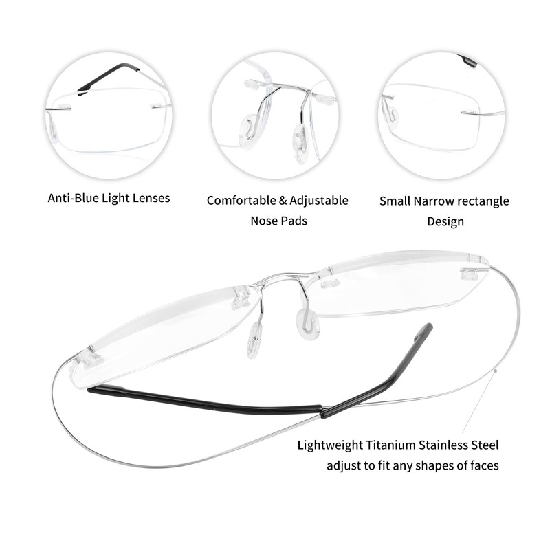 FEISEDY Lightweight Rimless Titanium Stainless Steel Anti-Blue Light Reading Glasses