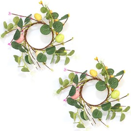 2 Pcs Easter Egg Candle Rings Wreaths Spring Egg and Berry Candle Rings Artificial Eucalyptus Candle Holder Mini Wreaths 7" for Easter Holiday Home Kitchen Table Centerpiece (Green-2pcs)