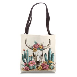 Vintage Western Country Cow Skull Flower Cactus Desert Beige Tote Bag