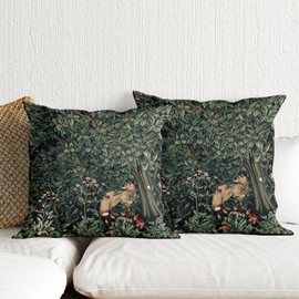 William Morris Throw Pillow Covers 18x18 Inch Forest Fox Throw Pillows Covers for Couch Bed Vintage Botanical Floral Home Decor Gothic Animal Soft Cushions Covers Green Decorative Set of 2