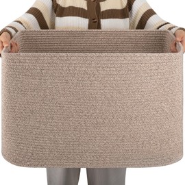 OIAHOMY XXLarge Rectangle Blanket Basket-96L, Cotton Woven Basket for Storage, Dirty Clothes Basket for Living Room, Nursery, Bedroom, Toy Organizing with Handle, 24" x 16" x 15",Brown variegated