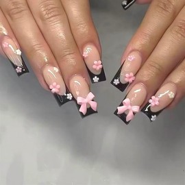 Black French Tip Press on Nails Medium Square Fake Nails Cute 3D Bow Glue on Nails with Flower Charms Designs Valentine's Day Acrylic False Nails Coffin Stick on Nails for Women Girls 24Pcs