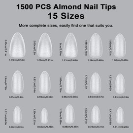 MUSILAN Nail Tips, Short Almond Tips for Nails, 1500 Pieces, Pre-Shaped Matt Almond Nail Tips, Soft Gel Full Cover Almond Nail Tips, No-File Nail Tips, Short Almond Shape Tips, Artificial Nails - 15