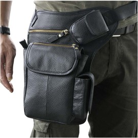 Le'aokuu Mens Quality Leather Motorcycle Cycling Waist Belt Bag Fishing Fanny Pack Drop Leg Bag (3106 Black-2)