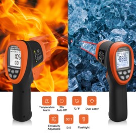 SURLABA Infrared Thermometer Gun -58°F ~3272°F (-50~1800℃), Laser Thermometer with Adjustable Emissivity Non-Contact Digital Temperature with High&Low Temperature Alarm Mode for Cooking, Industry