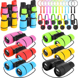 Liliful 12 Sets Kids Binoculars and Compass Play Set with Magnifying Glass, Shockproof High Resolution Binoculars Colorful Compass for Boys Girls Bird Watching Hiking Exploring Activity