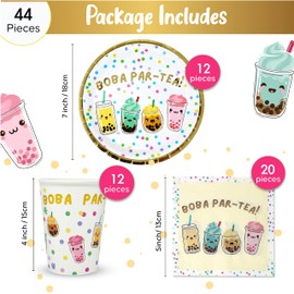 Boba Par-Tea Bubble Tea Biodegradable Party Set for Birthdays, Themed Events & Occasions (36 Cups, 36 Plates, 60 Napkins - Total of 132 Pieces)
