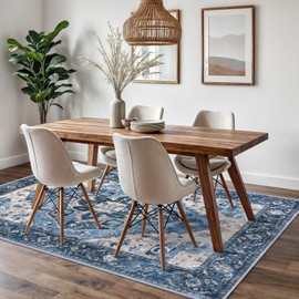 SIILOOM Blue 5x7 Area Rug for Bedroom, Large Vintage Floor Rug with Non-Slip, Non-Shedding Washable Area Rugs for Living Room, Soft Boho Carpet for Farmhouse Office Home Décor