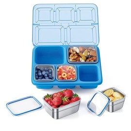 Freshmage Stainless Steel Snackle Box Container, 5 Compartment Lunch Bento Box, Reusable Food Storage Snack Box for School, Work, and Travel, BPA Free and Dishwasher Safe, Blue (1 Pack)