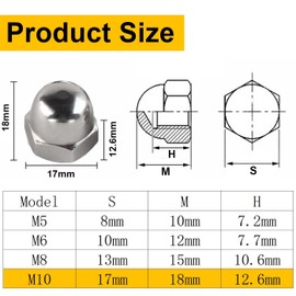 Bikasun Pack of 20 Acorn Nuts M10 Stainless Steel Cap Nuts, Cap Nuts, High Shape A2 V2A Hexagonal Acorn Nuts, Threaded Rod Cap Nuts for Screws, Threaded Bolts, Threaded Rods