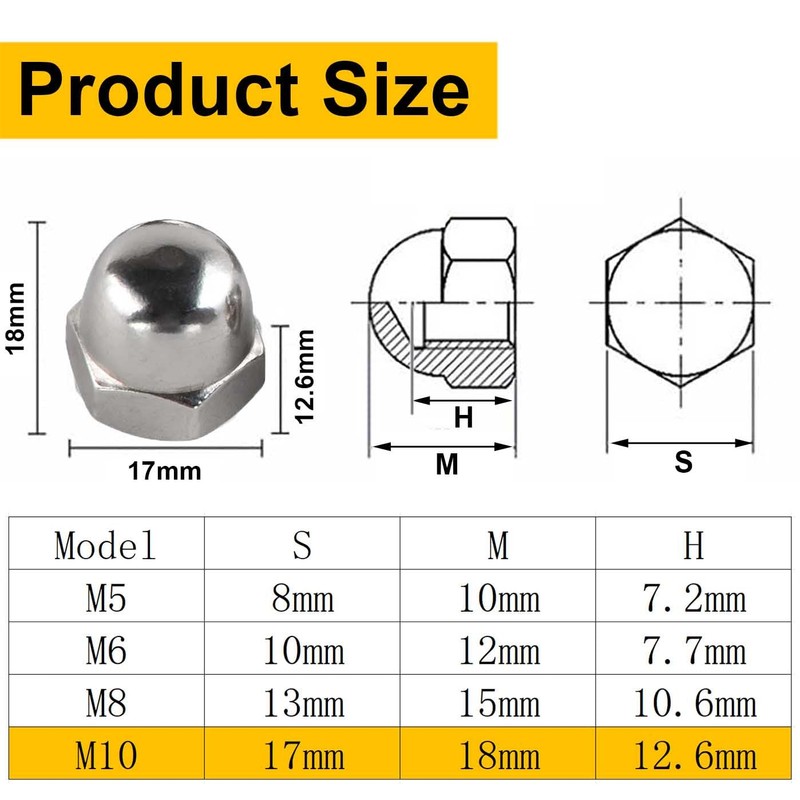 Bikasun Pack of 20 Acorn Nuts M10 Stainless Steel Cap