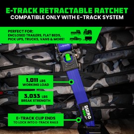 Rhino USA E Track Retractable Ratchet Tie Down Straps - 3033lb BreakStrength - Only for E Track Rail Systems. 4 Premium 2"x10' eTrack Tie Downs-Heavy Duty eTrack Cargo Strap System for Trailer - Blue