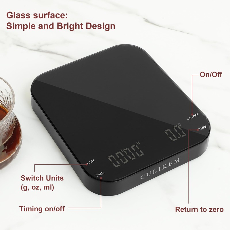 Coffee Scale with Timer, Kitchen, Digital, Rechargeable, Glass Mirror Design,