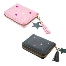 Women's Small Wallet, Pack of 2, Women's Small Leather Wallet, 11 x 8.5 cm, Children's Wallet with Zip and Embroidery Pendant for Children, Girls, Birthday Gift (Black Pink), Blue and black, Modern