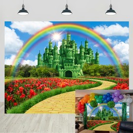 Green Castle Yellow Brick Road Backdrop Sky Rainbow Floral Castle Photography Background Baby Shower Princess Party Decorations Photo Props (7X5FT)