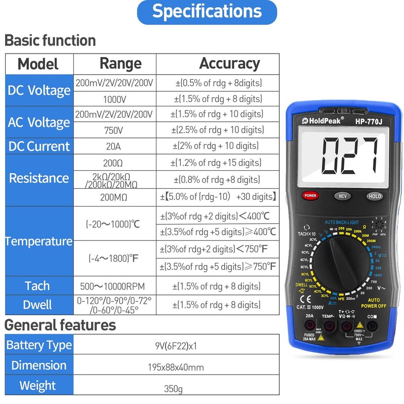 Digital Multimeter HP-770J Automotive Multimeter Engine Analyser Manual Ranging NCV