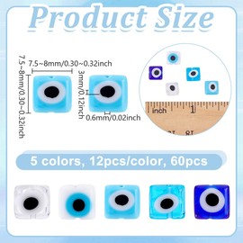 NBEADS 60 Pcs 5 Colors Evil Eye Beads, 7.5mm Square Turkish Eye Beads for Bracelet Making Jewelry DIY Craft, Hole: 0.6mm