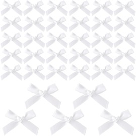 Pndeyo 35pcs Mini Gift Wrap Bows, Tiny Cute Satin Ribbon Bow, Soft Craft Bowknot Sewing Accessories for Christmas Wedding Birthday Party Flowers Bakery Treat Gift Box Decoration- White