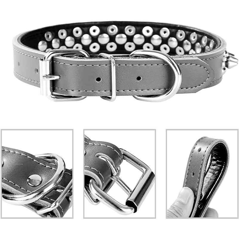 Pimaodog Spiked Studded Dog Collar, Genuine Leather Dog Collar, Adjustable