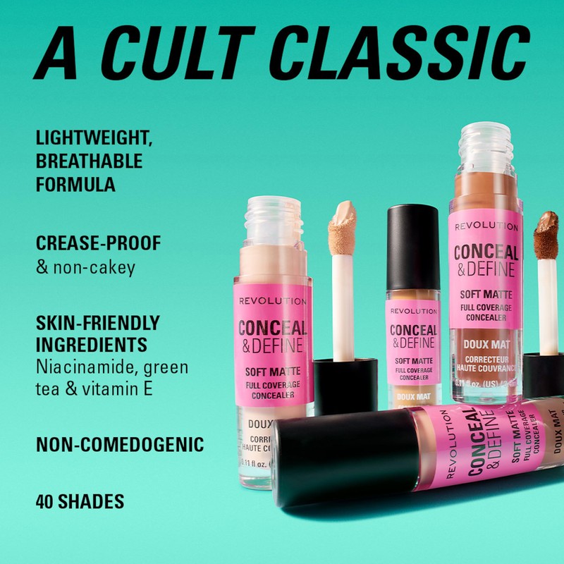 Revolution Conceal and Define Full Coverage Concealer, Correttore Leggero Fini