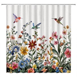 Floral Shower Curtain,Rustic Wooden Red Yellow Flower Boho Green Leaf Vintage Bathroom Home Curtain Decor with Hooks,70x70 Inch