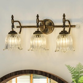 CVKASH 3-Light Bathroom Vanity Light Fixtures Over Mirror, Modern Bronze Vanity Light with Glass Shade Vintage Wall Sconce for Bedroom Dressing Room Living Room Hallway Cabinet