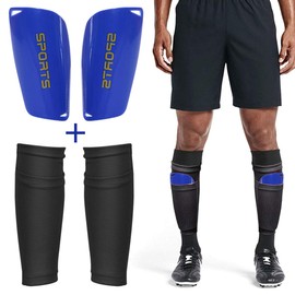 Dokpav Football Shin Guard Socks + Shin Pads Sleeves Double Layer Mesh Breathable for Football Games Beginner Elite Athlete Running Jogging Fitness - Children Boys Girls Men(Teens：Black + Blue)
