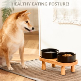 MOPANG Ceramic Elevated Dog Bowls, Pet Food and Water Bowl Set for Small Dogs and Cats, 1.7 Cups Elevated Cat Bowls with Wood Stand, 14OZ, Black