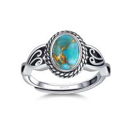 AVECON Teal Turquoise Rings for Women Adjustable 925 Sterling Silver Statement Rings Womens Vintage Rings with 6 * 8mm Gemstone Statement Rings Birthday Gifts for Her Size 6-9