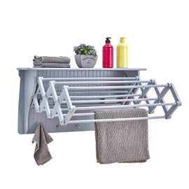 Danya B Accordion Clothes Drying Rack, Retractable, Wall Mounted Towel Rack and Hooks for Clothes and Towels for use in Laundry Room or Garage (Gray)