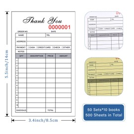 10 Pack Thank You Receipt Book, 3.4x5.5" Handheld 2-Part Carbonless Sales Invoice Book, Invoice Pad with Cardboard for Small Boutique Business, (50 Sets * 10Pack)