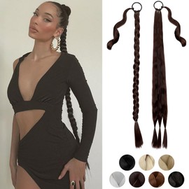 Cephermer Braided Ponytail Extension 26'' 30'' DIY Long Braid Hair Extensions Ponytail with Elastic Tie Straight Wrap Around Natural Soft Synthetic Hairpiece for Women Medium Brown