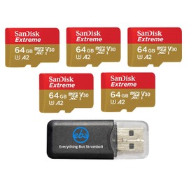 SanDisk Micro Extreme 64GB Memory Card (Five Pack) for DJI Air 2S Drone (SDSQXAH-064G-GN6MN) Bundle with (1) Everything But Stromboli MicroSD Card Reader