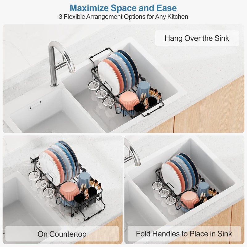 iSPECLE Small Sink Dish Drying Rack with Cup Holder, Expandable