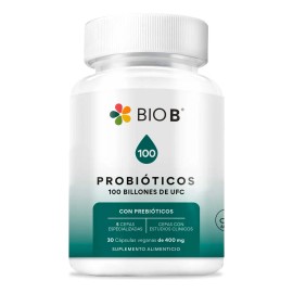 BIO B ǀ Probióticos con 100 Billones UFC + Prebióticos ǀ 30 Cápsulas Veganas