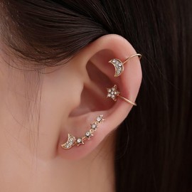 Andelaisi Boho Crystal Star Ear Cuff Earrings Vintage CZ Moon Cuff Clip On Earrings Gold Star Cuff Cartilage Earrings Moon Crescent Climber Crawler Earrings Jewelry for Women