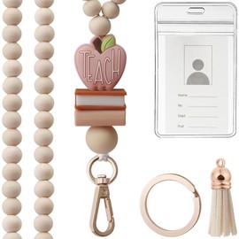 FDEETY Lanyard Card Case ID Cover Card Case with Lanyard Lanyard for Work Permit with Wooden Bead Tassel ID Holder for Students Mitabeiter(B)