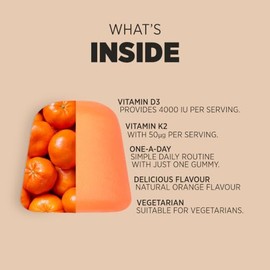 Vitamin D3 K2 Gummies | 60 Count (2 Months Supply) | High Strength 4000iu Vitamin D3 and 50ug Vitamin K2 MK7 | Natural Orange Flavour | Vegetarian | By Horbaach