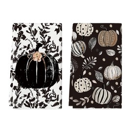 Artoid Mode Black Polka Dot Pumpkin Fall Kitchen Towels Dish Towels, 18x26 Inch Farmhouse Leaves Autumn Decoration Hand Towels Set of 2