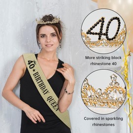 40th Birthday Crown and Sash for Women, 40 Tiara Headband, Black Gold 40th Birthday Decorations Gifts Favors for Female Friends Sister Daughter Wife Mom