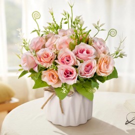 Mandarooker Fake Flowers with Vase,Pink Roses Artificial Flowers in Vase