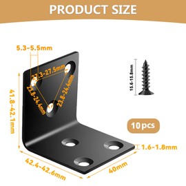 Wavanta 10Pcs Black Angle Brackets 40 x 40 x 40mm, Stainless Steel L Shape Brackets with a Pack of Screws for Shelves, Wood Furniture, Cabinets, Chairs, Drawers